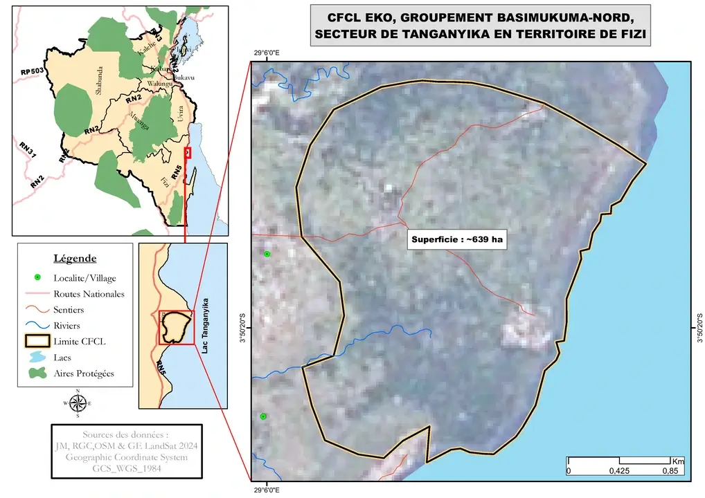 Carte de la forêt communautaire Eko située dans le groupement Basimukuma-Nord, secteur de Tanganyika, territoire de Fizi.