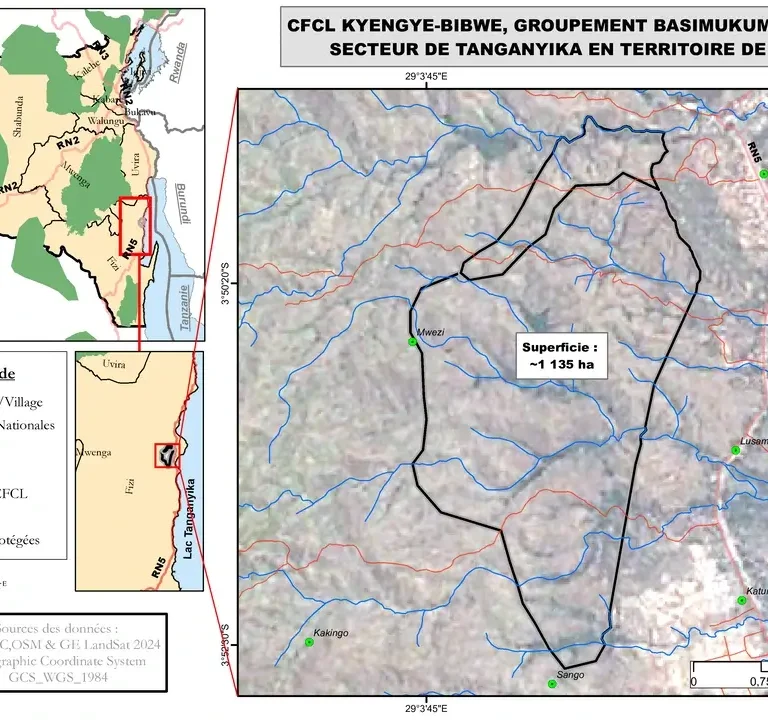 Carte de la forêt communautaire Kyengye-Bibwe située dans le groupement Basimukuma-Nord, secteur de Tanganyika, territoire de Fizi.