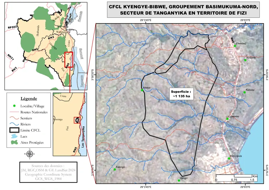 Carte de la forêt communautaire Kyengye-Bibwe située dans le groupement Basimukuma-Nord, secteur de Tanganyika, territoire de Fizi.