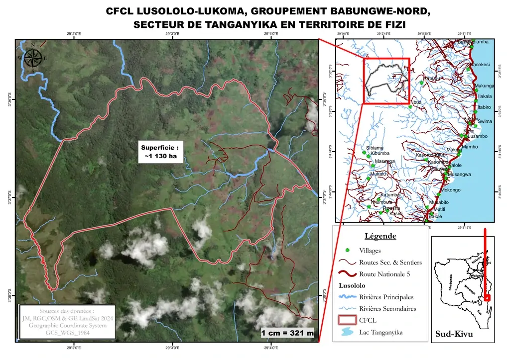 Carte de la forêt communautaire Lusololo-Lukoma située dans le groupement de Babungwe-Nord, secteur de Tanganyika, territoire de Fizi, sécurisée par Jeunes Solutions.